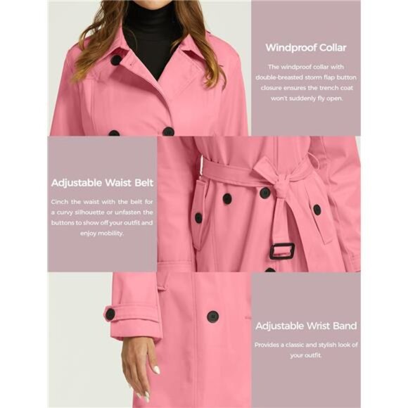 Women's Waterproof Trench Coat Classic Lapel Outerwear Coat with Belt - Picture 5 of 6